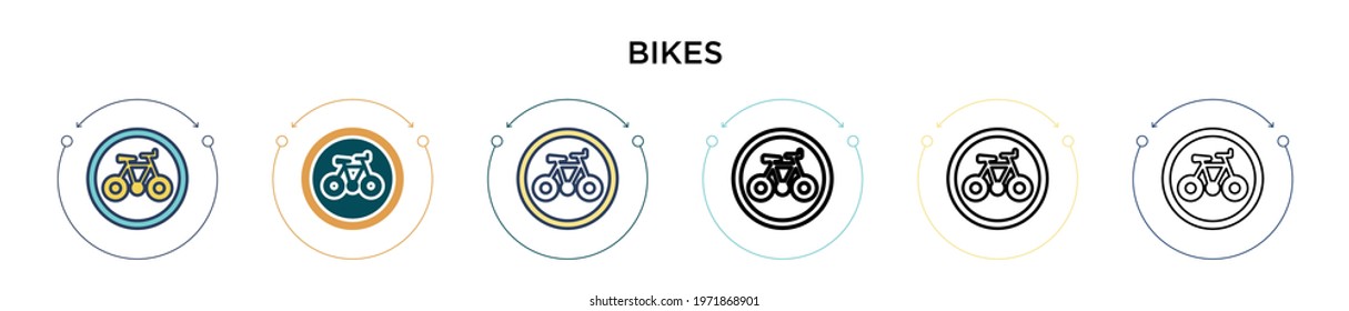 Bikes icon in filled, thin line, outline and stroke style. Vector illustration of two colored and black bikes vector icons designs can be used for mobile, ui, web