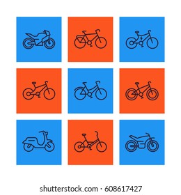 Bikes icons set, linear style, bicycle, cycling, motorcycle, motorbike, scooter, electric bike