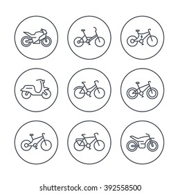 Bikes line icons, bicycle, cycling, motorcycle, motorbike, scooter, electric bike, isolated icons, vector illustration