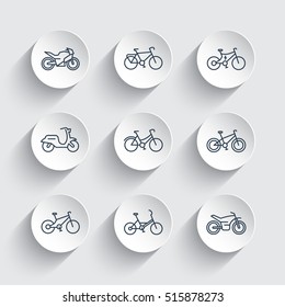Bikes line icons set, cycling, motorcycle, motorbike, fat bike, scooter, electric bicycle