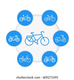 Bikes line icons set, cycling, bicycles, motorcycle, motorbike