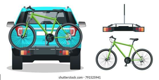 Bicicletas cargadas en la parte trasera de un vehículo todoterreno. Vista posterior. Ilustración vectorial de estilo plano aislada en fondo blanco.