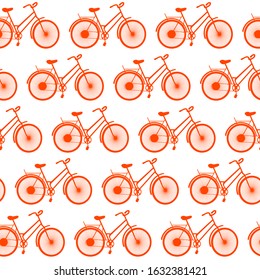 Bikes seamless pattern. Repetitive vector illustration of flat orange bicycles on transparent background. EPS 10.