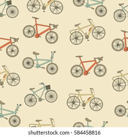 Bikes seamless pattern. Vintage color icons. Vector background.