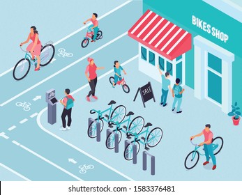 Bikes shop isometric background with bicycle parking outdoor sale billboard and visitors vector illustration