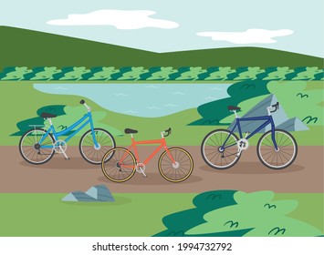 bikes vehicles in front of lake landscape