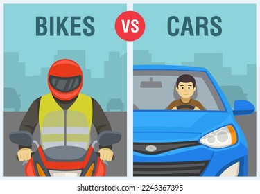 Bikes vs cars: which is better on roads. Safe driving tips and traffic regulation rules. Close-up of motorcycle rider and car driver. Flat vector illustration tempplate.