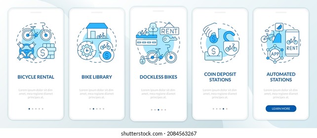 Bike-share categorization onboarding mobile app page screen. Automated stations walkthrough 5 steps graphic instructions with concepts. UI, UX, GUI vector template with linear color illustrations