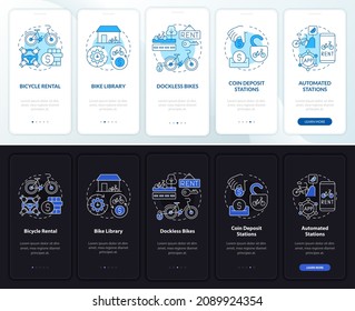 Bike-share Kategorisierung Onboarding Mobile App Page Bildschirm. Miete Wanderung in 5 Schritten grafische Anleitungen mit Konzepten. UI, UX, GUI-Vektorvorlage mit linearen Abend- und Tagesmodellillustrationen