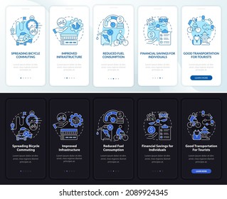 Bike-share pros onboarding mobile app page screen. Infrastructure walkthrough 5 steps graphic instructions with concepts. UI, UX, GUI vector template with linear night and day mode illustrations