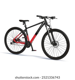 Bicicleta.Esporte. Bicicleta de montanha. Uma bicicleta vermelha e preta com um fundo branco