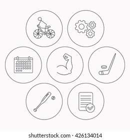 Biking, Biceps And Ice Hockey Icons. Baseball Linear Sign. Check File, Calendar And Cogwheel Icons. Vector