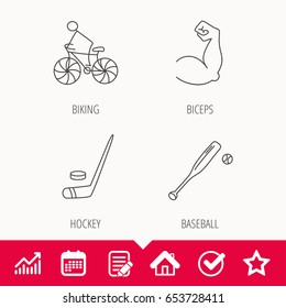 Biking, Biceps And Ice Hockey Icons. Baseball Linear Sign. Edit Document, Calendar And Graph Chart Signs. Star, Check And House Web Icons. Vector