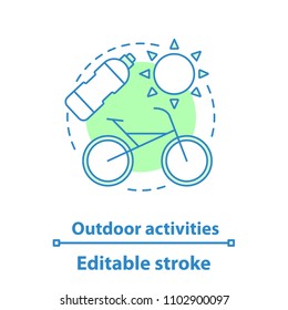 Biking concept icon. Cycle tourism idea thin line illustration. Outdoor activities. Vector isolated outline drawing. Editable stroke