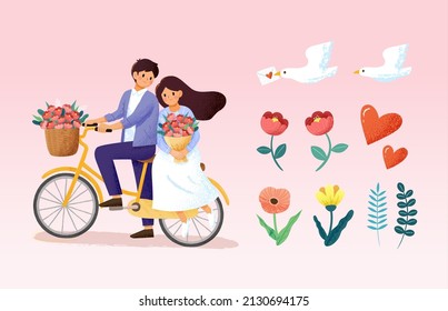 Biking couple elements. Illustration of a lovey dovey couple riding on a bike, natural plants, and doves sending a love letter