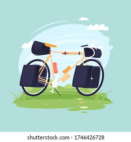 Biking, cycling, hiking, bike with bags. Flat design vector illustration.	