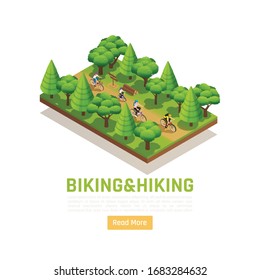 Biking and hiking isometric nature landscape  with family on country walk in forest vector illustration