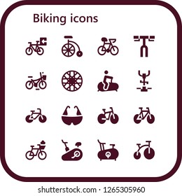  biking icon set. 16 filled biking icons. Simple modern icons about  - Bicycle, Bike, Handlebar, Spoke wheel, Stationary bike