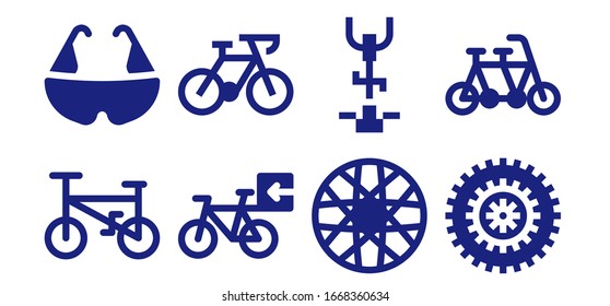 conjunto de iconos de ciclismo. 8 iconos de ciclismo rellenos. Incluida Bicicleta, Rueda, Bicicleta Estacionaria, Iconos del tándem