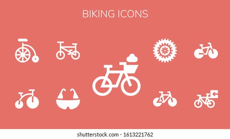 biking icon set. 9 filled biking icons. Included Bicycle, Bike icons