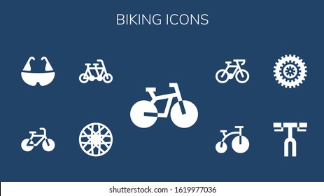 biking icon set. 9 filled biking icons. Included Bike, Spoke wheel, Tandem, Bicycle, Handlebar icons