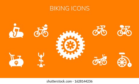 biking icon set. 9 filled biking icons.  Simple modern icons such as: Bicycle, Stationary bike, Bike