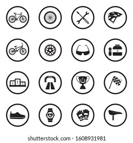 Biking Icons. Black Flat Design In Circle. Vector Illustration.