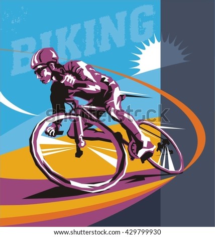 biking illustration, cyclist vector poster layered