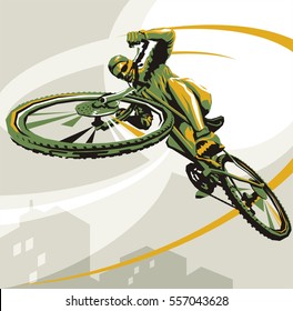 Biking illustration. Layered cycling vector. Perfect ride. Winner of the race. Urban race. Cyclist winner vector. 