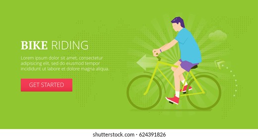 Biking illustrative banner design with man in a shorts riding bike. Fitness, sport, workout vector banner template.