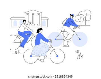 Bicicleta ilustrações isoladas do vetor de desenhos animados. Amigos universitários pedalando ao ar livre, estilo de vida saudável, atividade diária no campus, estudantes se divertindo no parque, passeando juntos desenhos vetoriais.