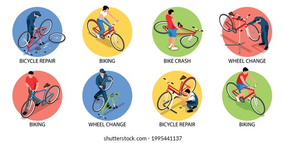 Biking isometric set of bike crash bicycle repair wheel change compositions isolated vector illustration