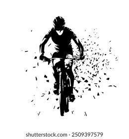 Biking, man riding a mountain bike, front view, distorted isolated vector silhouette