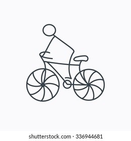 Biking sport icon. Bicycle race sign. Professional cyclist symbol. Linear outline icon on white background.