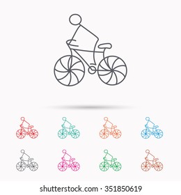 Biking sport icon. Bicycle race sign. Professional cyclist symbol. Linear icons on white background.
