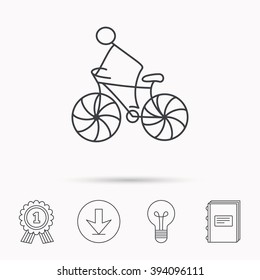 Biking sport icon. Bicycle race sign. Professional cyclist symbol. Download arrow, lamp, learn book and award medal icons.