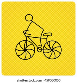 Biking sport icon. Bicycle race sign. Professional cyclist symbol. Linear icon on orange background. Vector