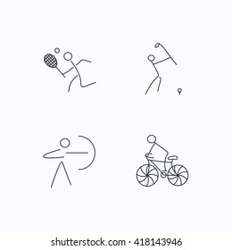 Biking, tennis and golf icons. Archery linear sign. Flat linear icons on white background. Vector