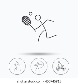 Biking, tennis and golf icons. Archery linear sign. Linear icons in circle buttons. Flat web symbols. Vector