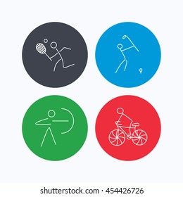 Biking, tennis and golf icons. Archery linear sign. Linear icons on colored buttons. Flat web symbols. Vector