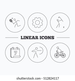 Biking, tennis and golf icons. Archery linear sign. Flat cogwheel and calendar symbols. Linear icons in circle buttons. Vector