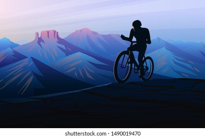 Biking tour downhill. Sunset in the mountains. Foggy layered landscape. Silhouette of a traveler discovering and exploring Swiss valley and Austrian Alps. Vector Background for banner and banner.