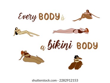 Bikini body positive bundle. Various race and shape women
wearing swimming suits clip art illustrations bundle. Every body is a bikini body
concept
