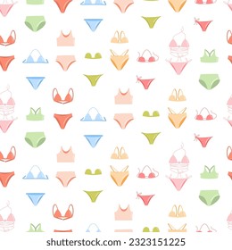Bikini doodle seamless pattern. Female swimsuits. Modern minimalistic lingerie and swimwear pieces, pastel colors. Vector illustration isolated on white background