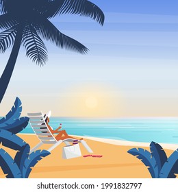 Bikini girl lying on deckchair, sea beach tropical vacation vector illustration. Cartoon young girl character in hat resting in chair with fruit cocktail, relax on resort seaside, back view background