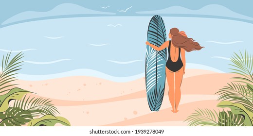 Muchacha bikini en la playa con surfboad. Deporte acuático extremo, Viajes, concepto de vacaciones de verano, turismo, vacaciones de verano, estilo de vida saludable. Ilustración vectorial en estilo plano. 