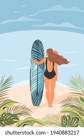 Bikini girl on the beach with surfboad. Water extreme sport, Travelling, summer vacation concept, tourism, summer holiday, healthy lifestyle. Vector illustration in flat style.