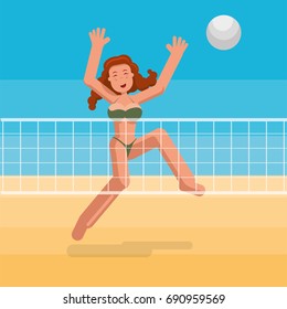 Bikini girl playing beach volley.