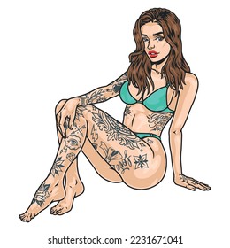 Bikini girl portrait sketch colorful beach looks with sits cheeky woman with tattoos on legs and body vector illustration