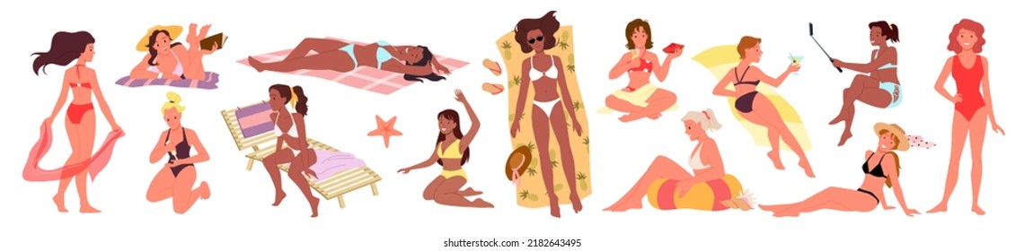 Bikini girls chill on beach set vector illustration. Cartoon isolated collection of young female models lying on towel, sitting on sand and resort lounge, reading book, drinking watermelon juice